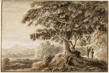 Paysage - premier plan rocheux et deux figures